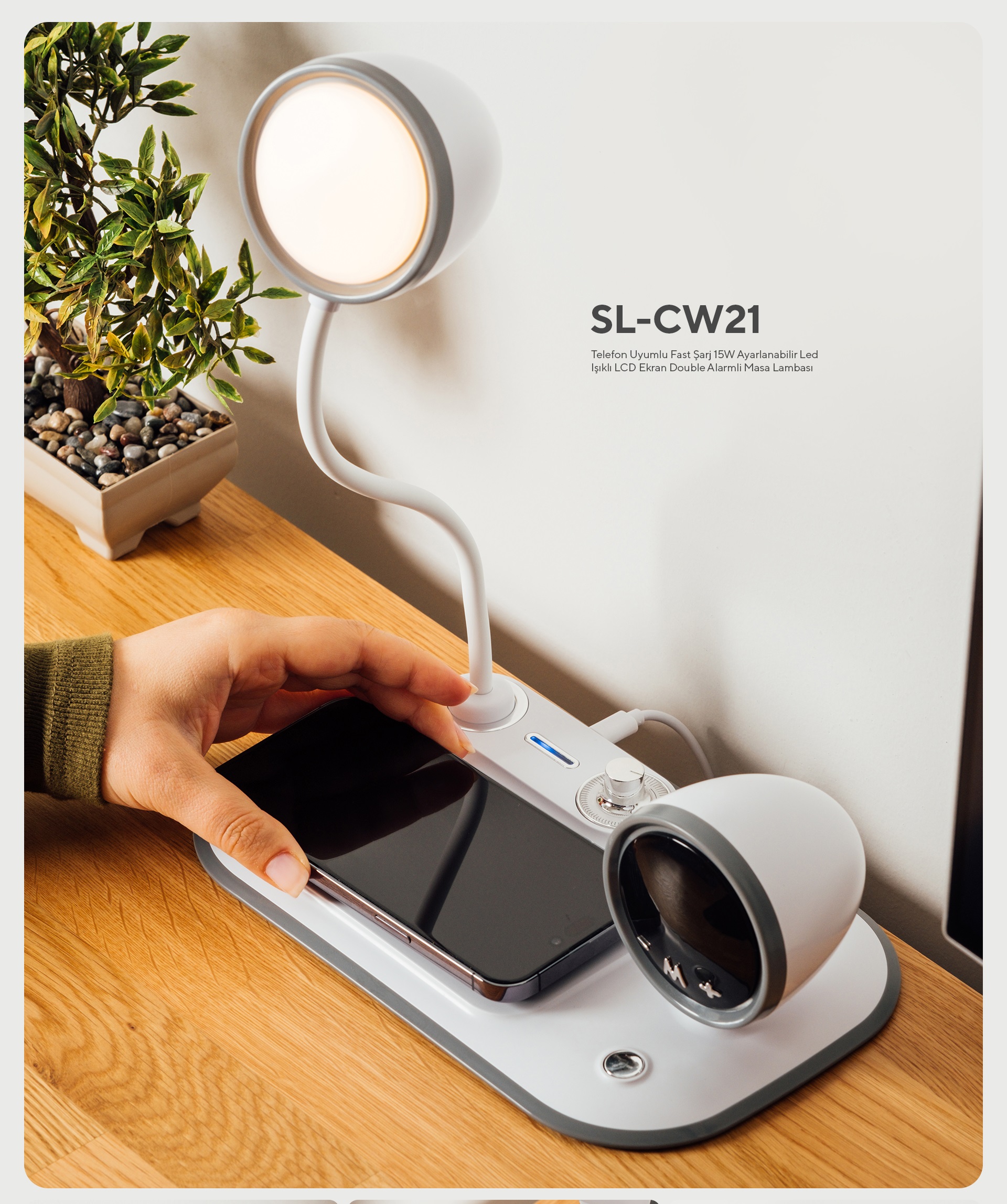 S-Link Sl-Cw21 Beyaz Telefon Uyumlu Fast Şarj 15W Ayarlanabilir Led Işıklı Lcd Ekran Double Alarmlı görsel