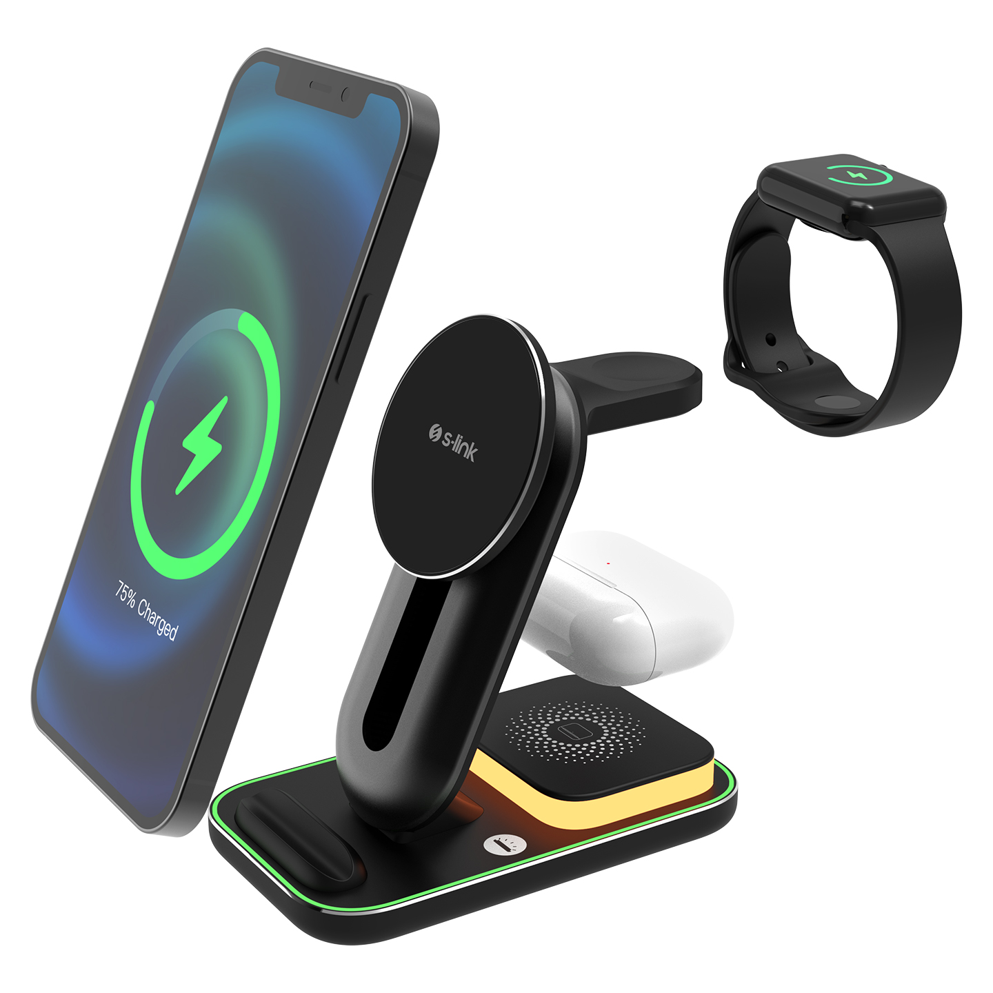 S-Link Sw-Cwf117 Siyah Ayarlanabilir Standlı 15W 3 İn 1 Magsafe Kablosuz Şarj Cihazı görsel