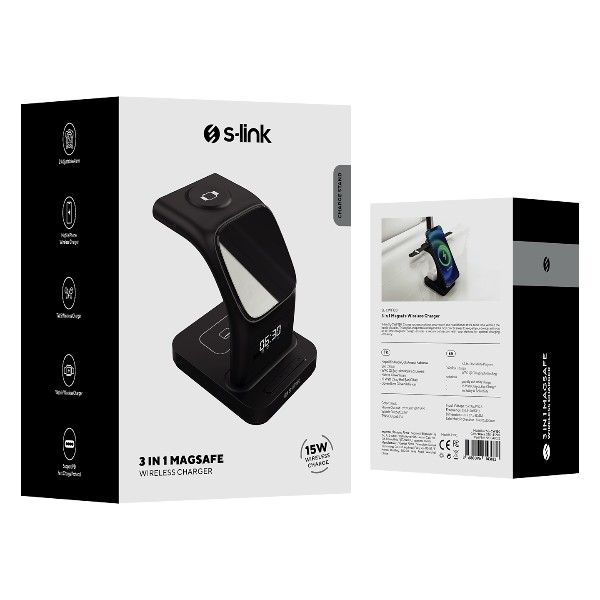 S-Link Sw-Cwf130 Siyah Telefon Kulaklık Akıllı Saat 15W 3 İn 1 Magsafe Led Logo Kablosuz Şarj Cihazı görsel