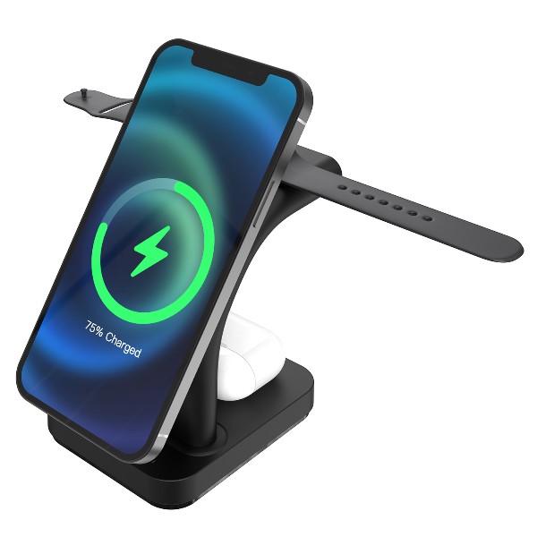 S-Link Sw-Cwf130 Siyah Telefon Kulaklık Akıllı Saat 15W 3 İn 1 Magsafe Led Logo Kablosuz Şarj Cihazı görsel