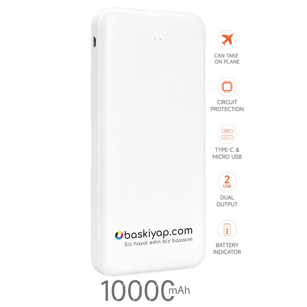 Kişiye Özel Beyaz Powerbank 10.000 Mah 2X Usb Çıkışlı 1 Type-C Ve 1 Micro Girişli