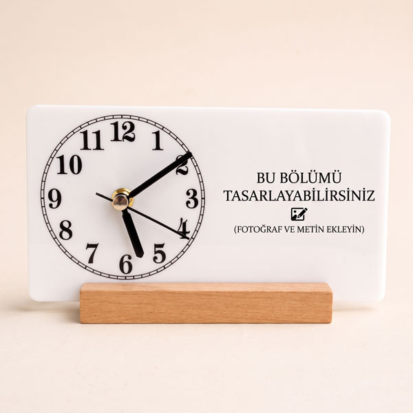 Kişiye Özel Fotoğraflı Beyaz Masa Saati – Ahşap Standlı görsel