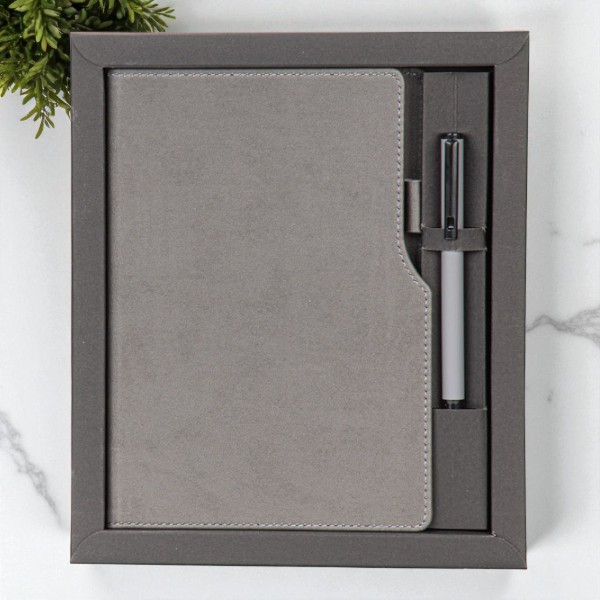 Kişiye Özel Roller Kalem Ve Termo Deri Defter Kutulu Set - Füme