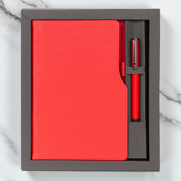 Kişiye Özel Roller Kalem Ve Termo Deri Defter Kutulu Set - Kırmızı