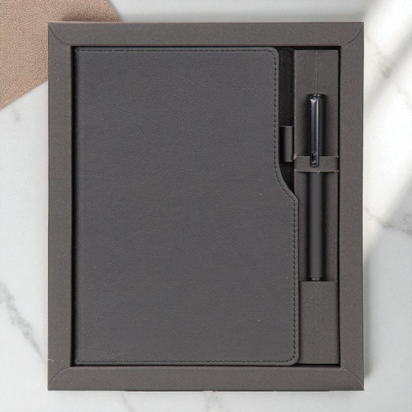 Kişiye Özel Roller Kalem Ve Termo Deri Defter Kutulu Set - Siyah