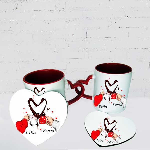 Kişiye Özel Kalpli Kupa Ve Kalpli Bardak Altlığı Seti