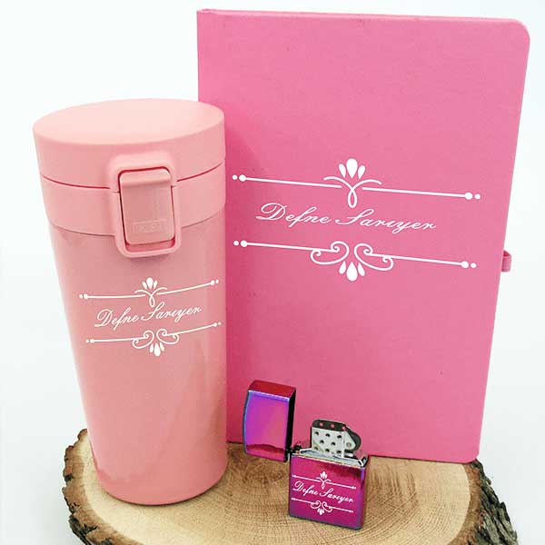 Pembe Ajanda Termos Çakmak Set