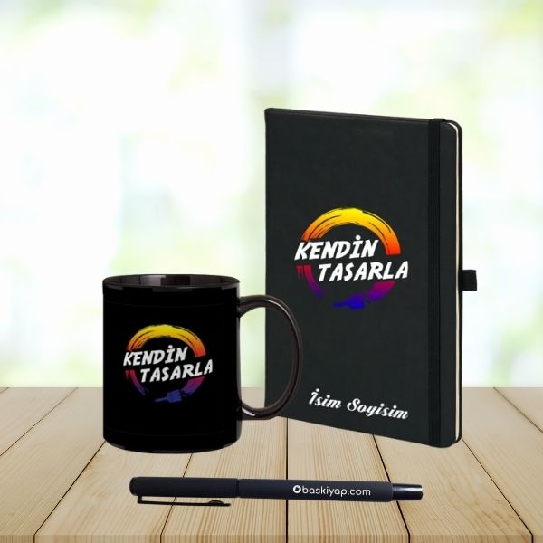 Kişiye Özel Siyah Kupa Bardak Ajanda Kalem Set
