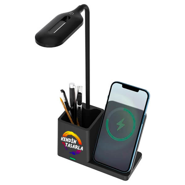 Kişiye Özel S-Link Siyah Kablosuz Şarj Cihazı Kalemlikli Masa Lambası