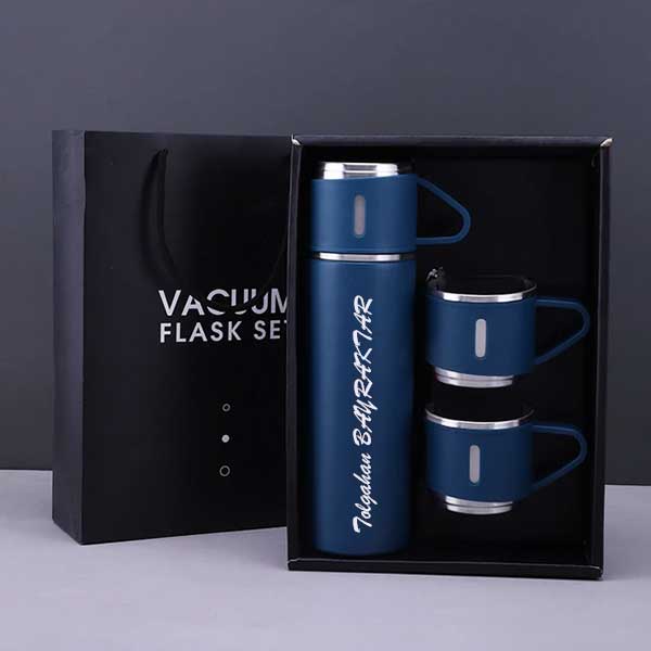 Kişiye Özel Üçlü Mavi Bardak Paslanmaz Çelik Termos Seti