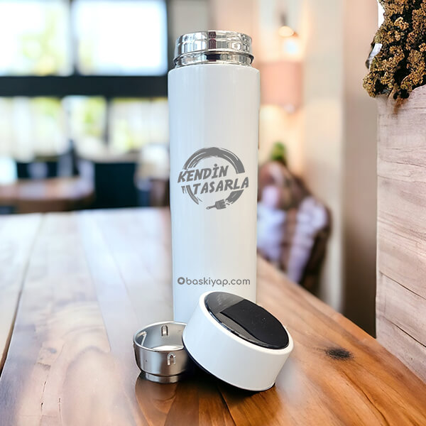 Kişiye Özel Dijital Göstergeli Süzgeçli Beyaz Termos 450Ml