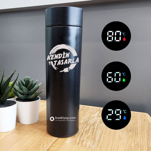 Kişiye Özel Dijital Göstergeli Süzgeçli Siyah Termos