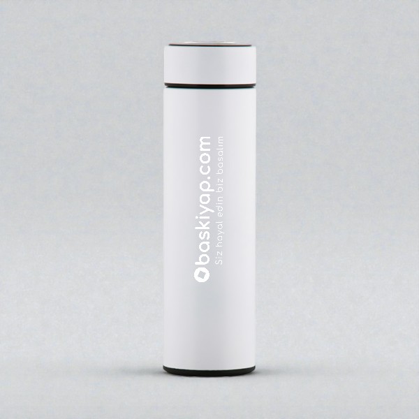 Kişiye Özel Dijital Göstergeli Süzgeçli Beyaz Termos 450Ml görsel