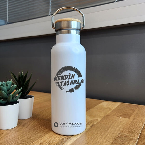 Kişiye Özel Bambu Kapak Beyaz Matara Termos