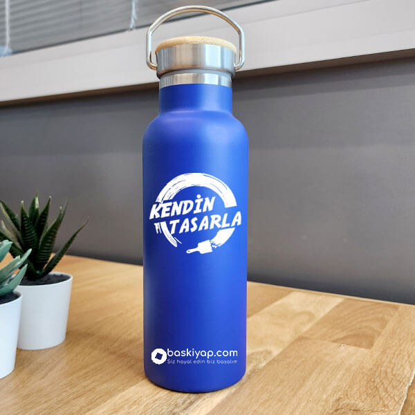 Kişiye Özel Bambu Kapak Lacivert Matara Termos