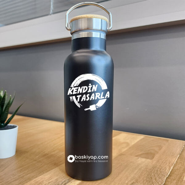 Kişiye Özel Bambu Kapak Siyah Matara Termos