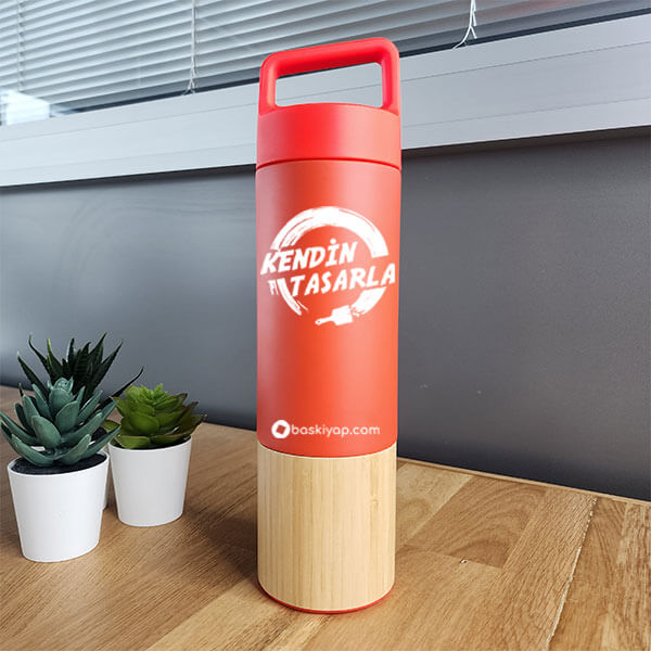 Kişiye Özel Bambu Kırmızı Termos