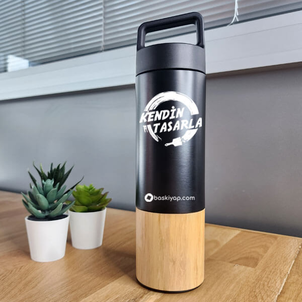Kişiye Özel Bambu Siyah Termos