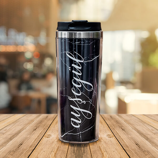 Siyah Mermer Desenli İsimli Termos Bardak