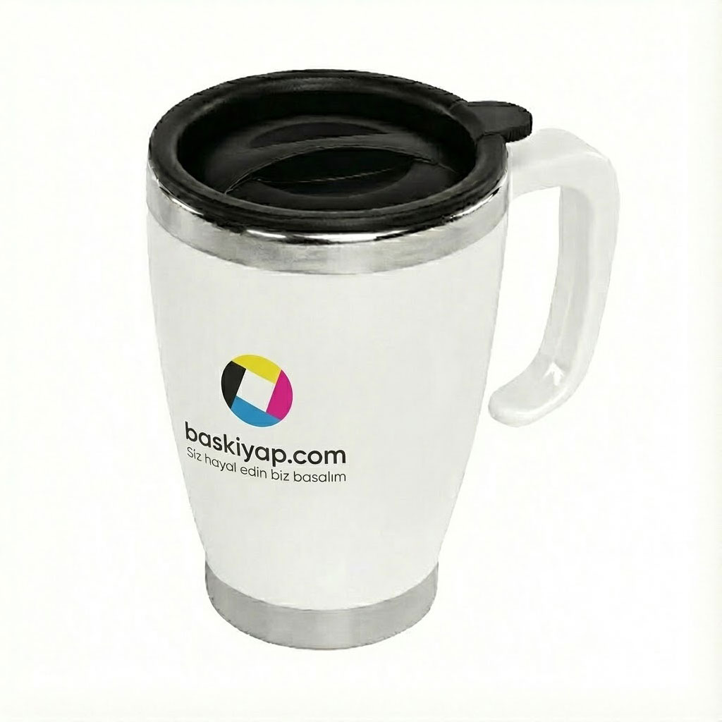 Kulplu Beyaz Paslanmaz Çelik Termos Kupa – 415 Ml görsel