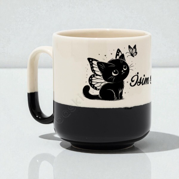 Siyah Kedi Tasarımlı Modern Dip Siyah Kupa online tasarla