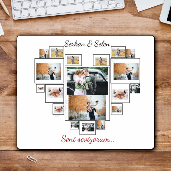 Kalpli Fotoğraflı Sevgililer Günü Mouse Pad Tasarımı online tasarla