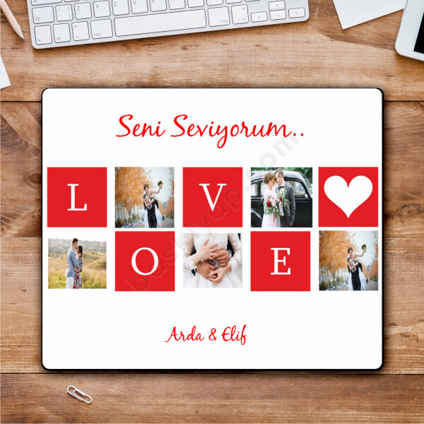 Love Yazılı Fotoğraflı 14 Şubat Mouse Pad’i online tasarla