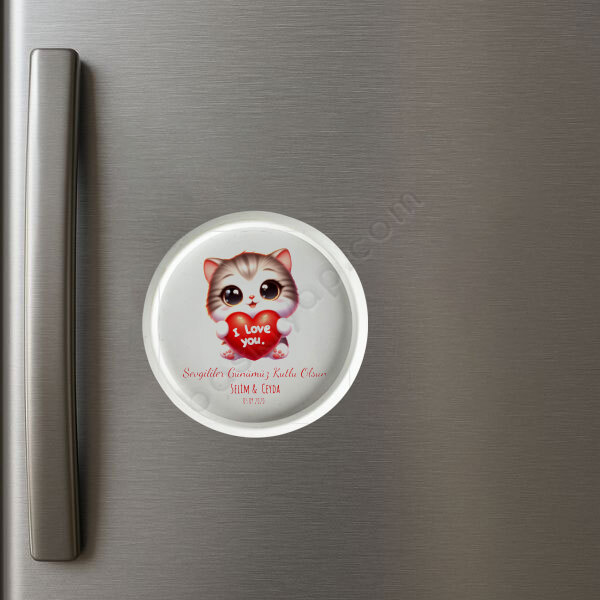 Sevimli Kedili Sevgililer Günü Çerçeveli Daire Magnet online tasarla