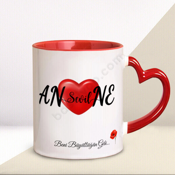 Anneler Günü Gelincik Tasarımlı Kalp Kulplu Kupa online tasarla