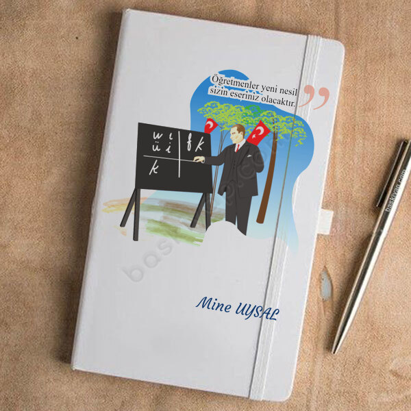 Atatürk Baskılı Öğretmene Hediye Beyaz Ajanda – Tarihsiz Beyaz Ajanda / Defter 13X21Cm tasarımı