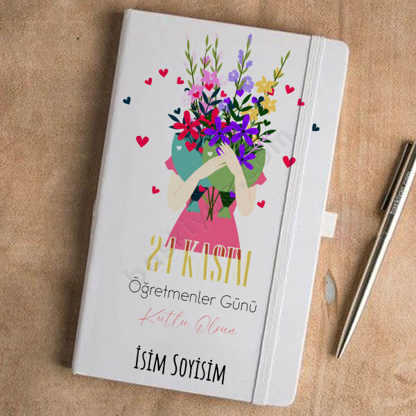 Çiçekli Öğretmen Tasarım Beyaz Ajanda – Tarihsiz Beyaz Ajanda / Defter 13X21Cm tasarımı
