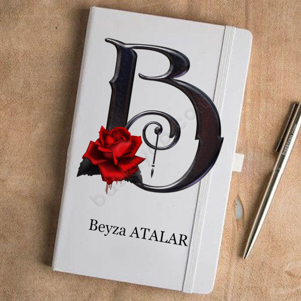 Siyah Gül B Harf Tasarımlı Beyaz Ajanda – Tarihsiz Beyaz Ajanda / Defter 13X21Cm tasarımı