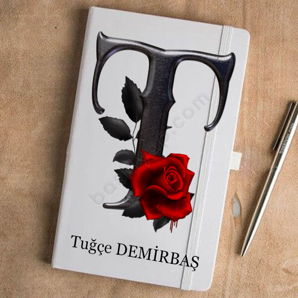 Siyah Gül T Harf Tasarımlı Beyaz Ajanda online tasarla