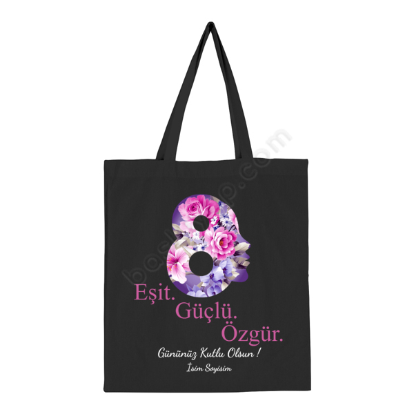 8 Mart Kadınlar Gününe Özel Baskılı Siyah Bez Çanta online tasarla