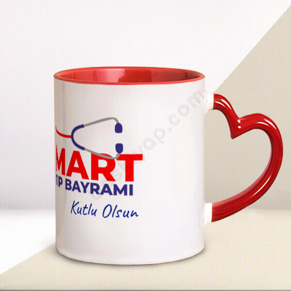 Tıp Bayramı Kupa – Kişiye Özel Baskılı Kalp Kulplu Kupa Bardak tasarımı