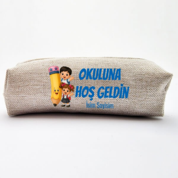 Okula Hoş Geldin Tasarımlı Keten Kalemlik / Makyaj Çantası