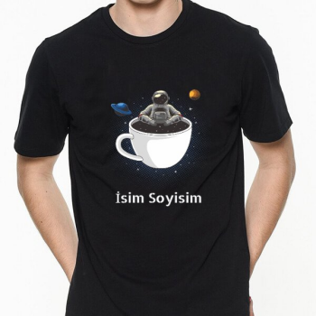 Astronot Tasarımlı Baskılı Siyah Tişört