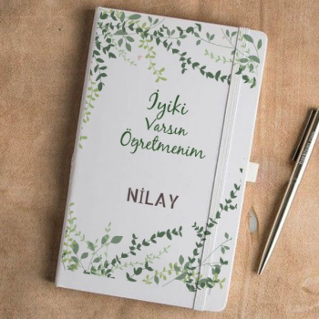 Öğretmene Hediye Beyaz Yaprak Desenli Defter Ajanda online tasarla