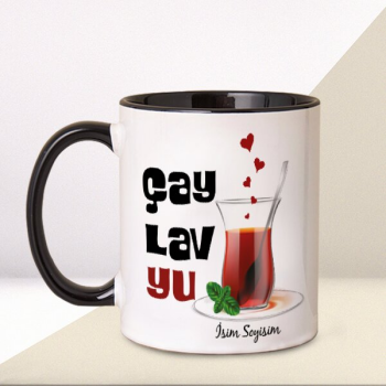 Çay Lav Yu Tasarımlı Kupa – Kişiye Özel Baskılı Siyah Kulplu Kupa Bardak tasarımı