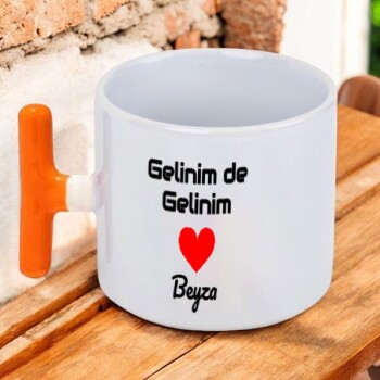 Kişiye Özel Baskılı Turuncu Kulplu T Latte Fincanı