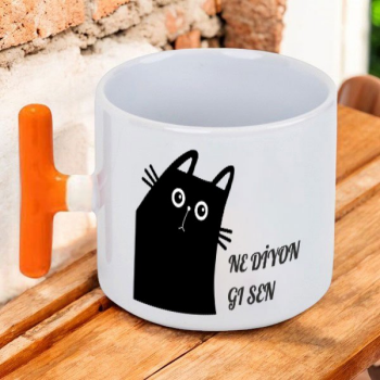 Kedi Tasarımlı Baskılı T Fincan – Kişiye Özel Baskılı Turuncu Kulplu T Latte Fincanı tasarımı