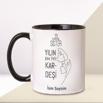 Kız Kardeşe Hediye Siyah Kupa Bardak – Kişiye Özel Baskılı Siyah Kulplu Kupa Bardak tasarımı