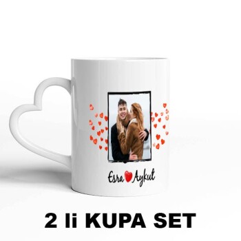 Sevgililere Özel Kalpli Beyaz Kupa Bardak Set