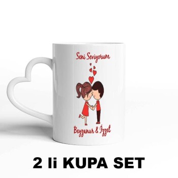 Sevgililere Özel Kalpli Beyaz Kupa Bardak Set