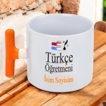 Türkçe Öğretmeni Tasarımlı Turuncu T Fincan – Kişiye Özel Baskılı Turuncu Kulplu T Latte Fincanı tasarımı