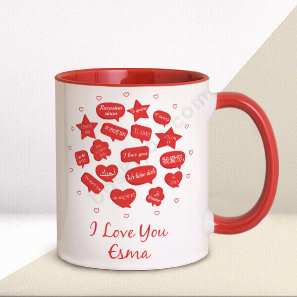 Bir Çok Dilde Seni Seviyorum Kırmızı Baskılı Kupa online tasarla