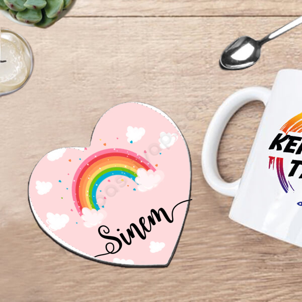 Bulut Görselli Kalpli Bardak Altlığı online tasarla