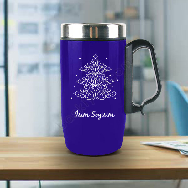 Çam Ağacı Tasarımlı Kişiye Özel Mavi Termos online tasarla