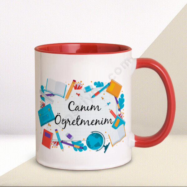 Canım Öğretmenim Temalı Baskılı Kupa – Kişiye Özel Baskılı Kupa - Kırmızı tasarımı