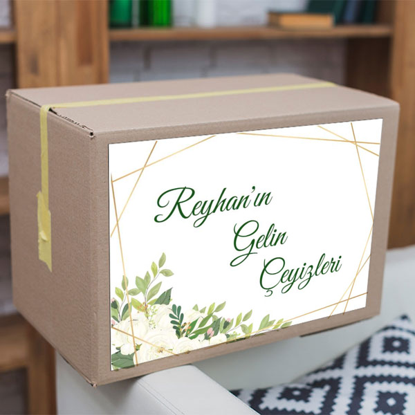 Çerçeveli Yeşil Çiçekli Çeyiz Etiketi online tasarla